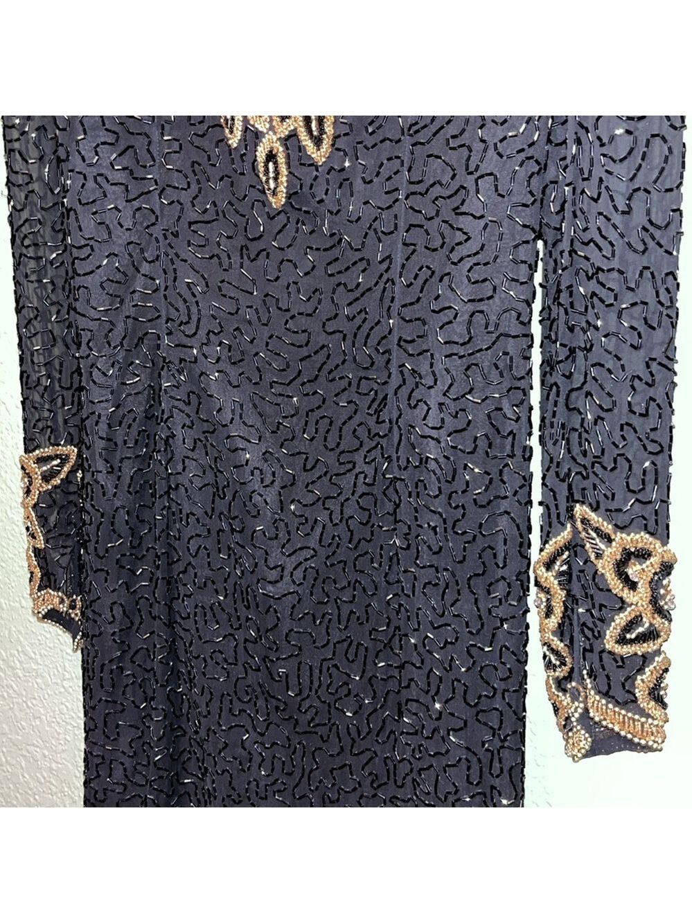 vintage long sleeve heavily beaded black and gold silk dress 70s 80s Morigana - Picture 4 of 8
